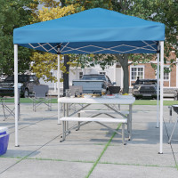 Flash Furniture JJ-GZ88103-BL-GG 8'x8' Blue Pop Up Event Canopy Tent with Carry Bag and Folding Bench Set - Portable Tailgate, Camping, Event Set